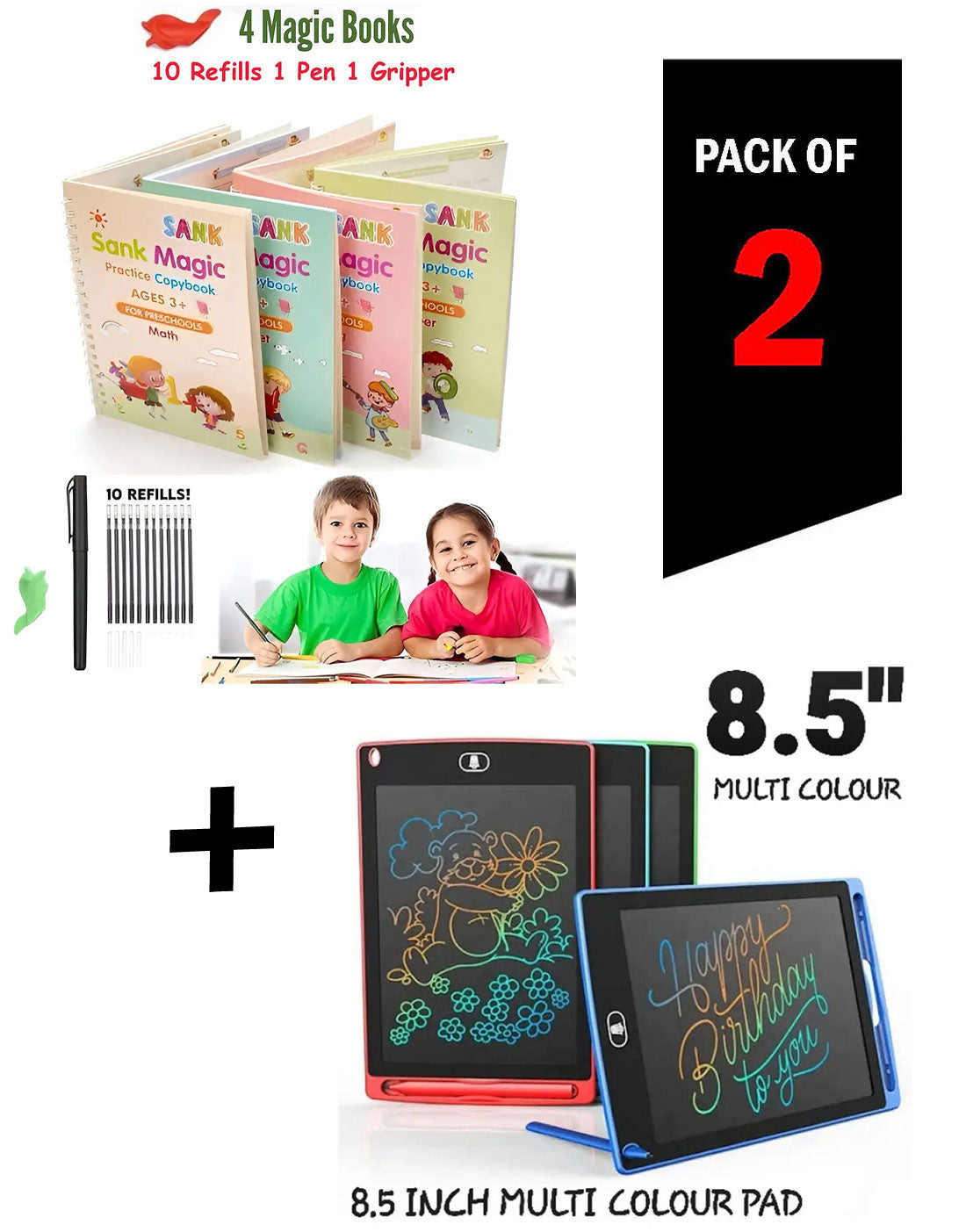 Kids Learning Gift Pack – 8.5' LCD Writing Tablet + 4 Sank Magic Reusable Practice Copybooks
