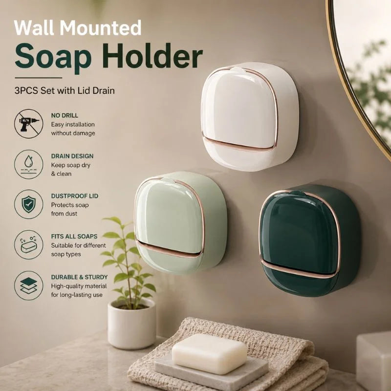 Soap Holder 3pcs Set with Lid Drain Bathroom Soap Dish No Drill Soap Box Organizer