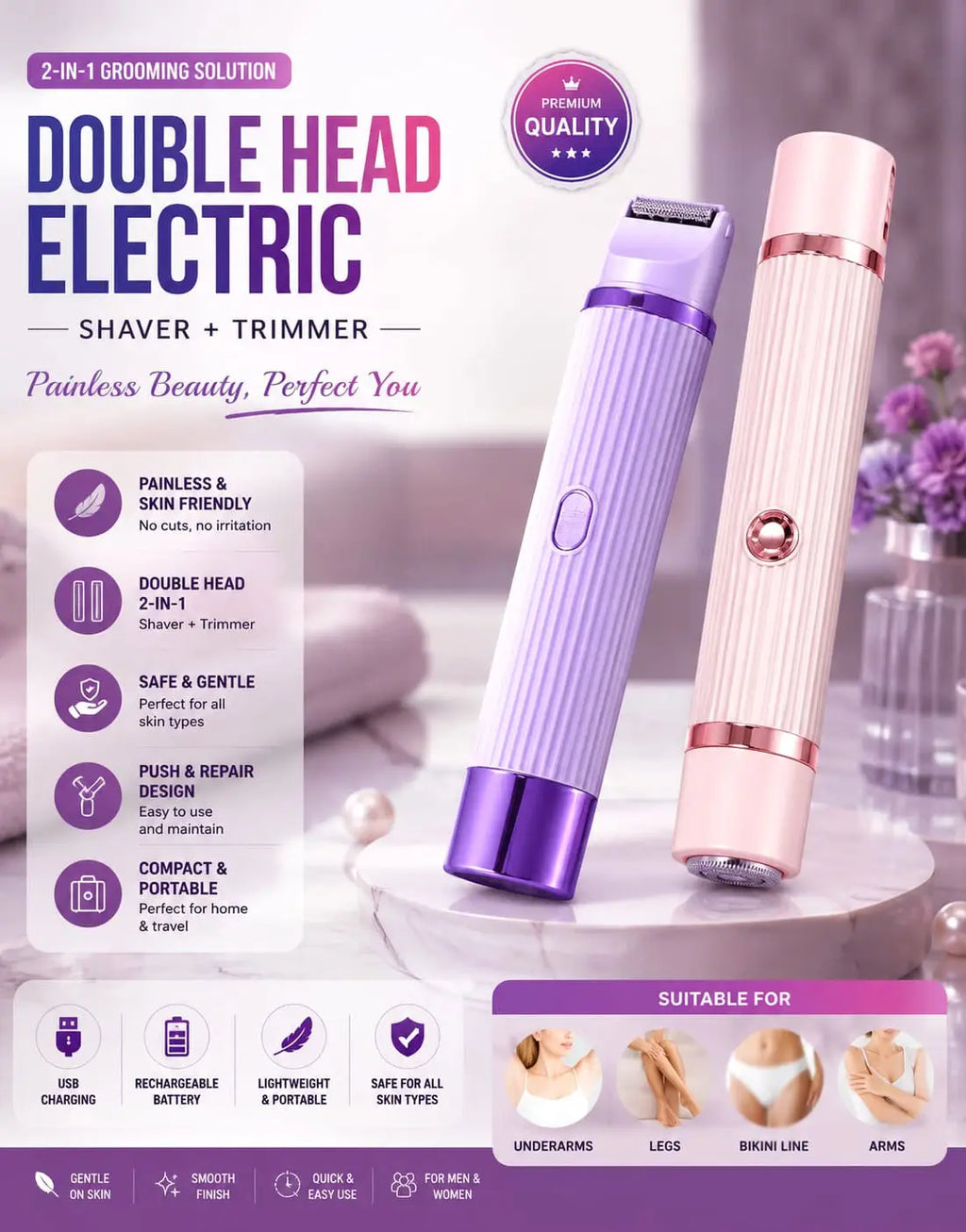 BLAWLESS 2-in-1 Electric Shaver & Trimmer – USB Rechargeable Double Head Hair Remover for Women