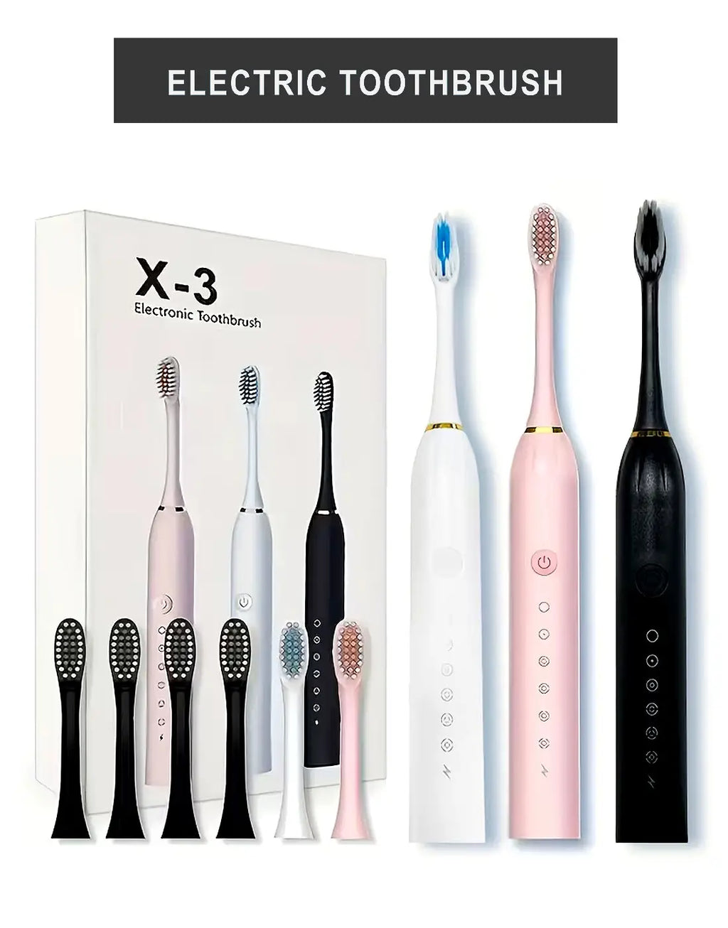 Rechargeable X-3 Sonic Electric Toothbrush with 4 Detachable Bristles