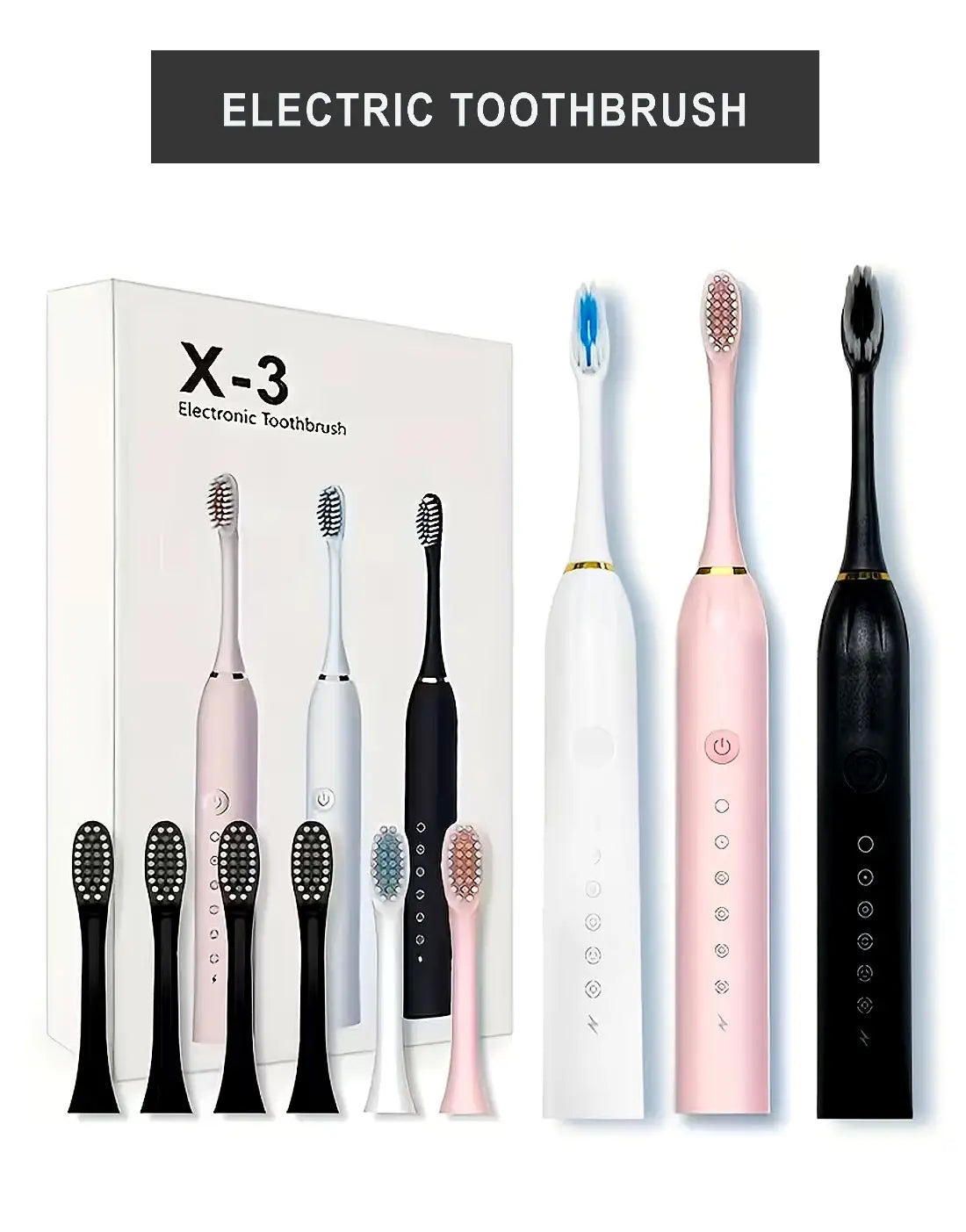 Rechargeable X-3 Sonic Electric Toothbrush with 4 Detachable Bristles