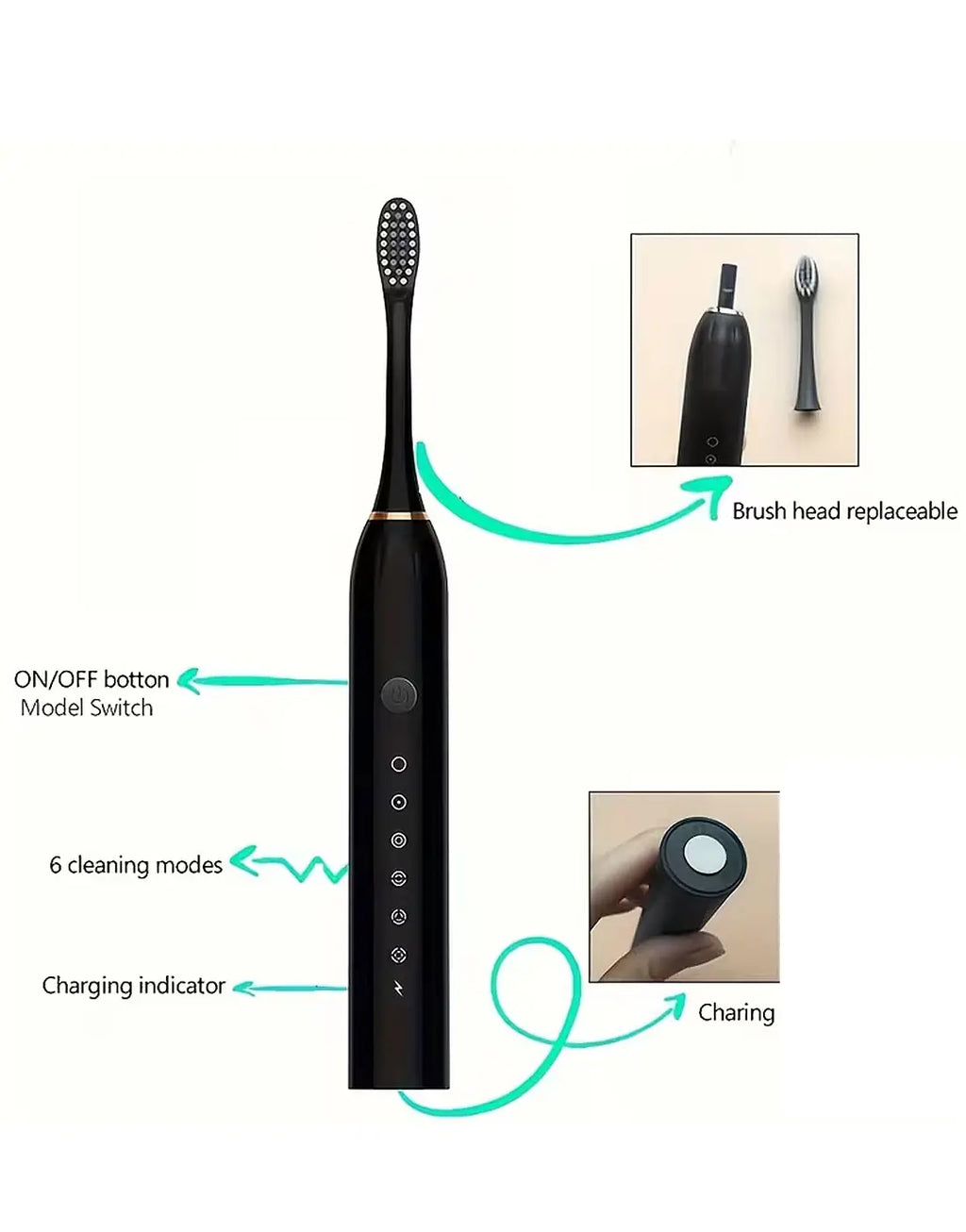 Rechargeable X-3 Sonic Electric Toothbrush with 4 Detachable Bristles