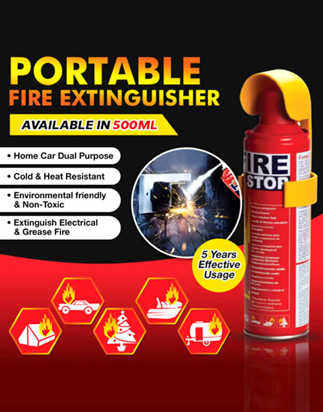Fire Stop Spray 500ML - Portable Fire Extinguisher for Home, Office & Car