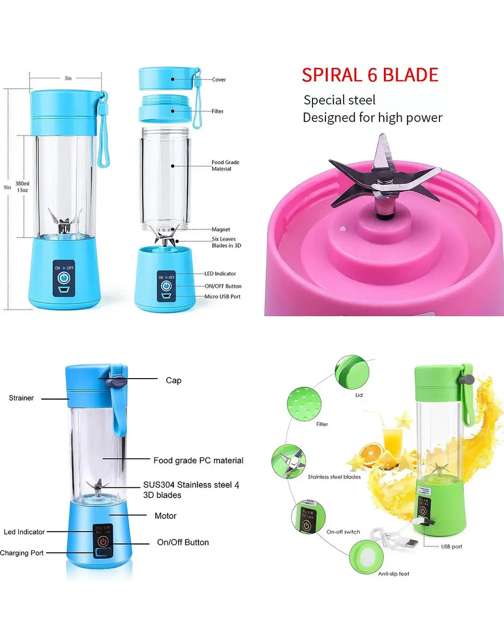 USB Rechargeable Portable Mini Blender Juicer 380ml for Smoothies, Shakes & Travel