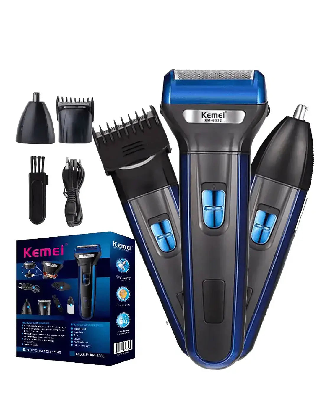Kemei KM-6332 3-in-1 Grooming Kit - Rechargeable Trimmer for Beard, Hair & Nose Trimming