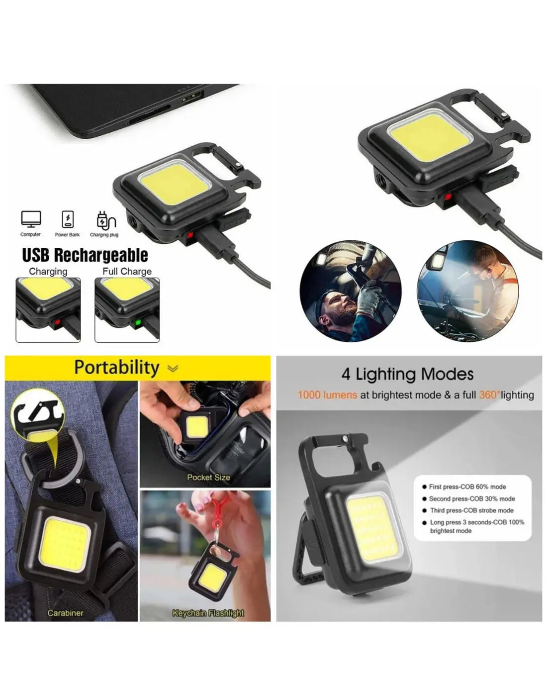 COB Rechargeable Pocket Keychain Flashlight with Bottle Opener & Magnet Base