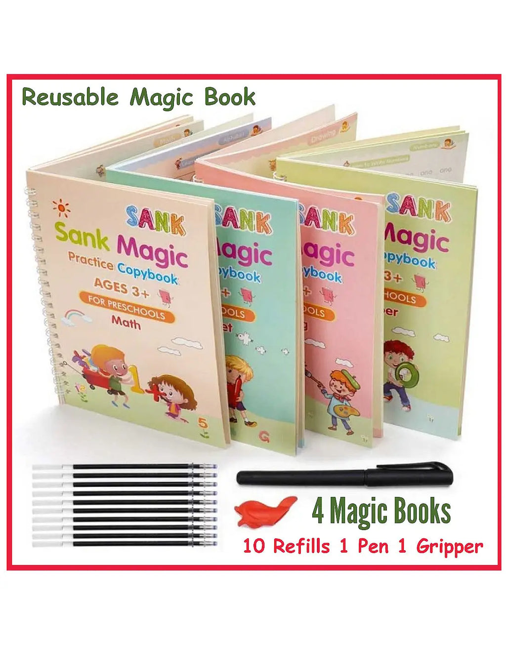 Sank Magic Reusable 4 Practice Copybook + Magic Pen with 10 Refills
